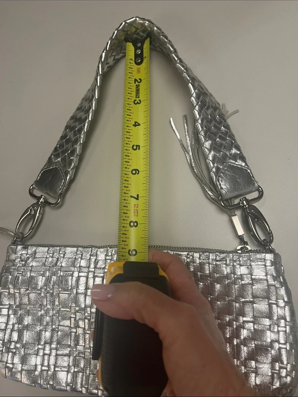 Elliott Lucca Silver Woven Metallic Clutch wTassel Removable Strap